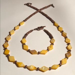 Yellow Diamond MOP and Wood Bead Necklace&Bracelet